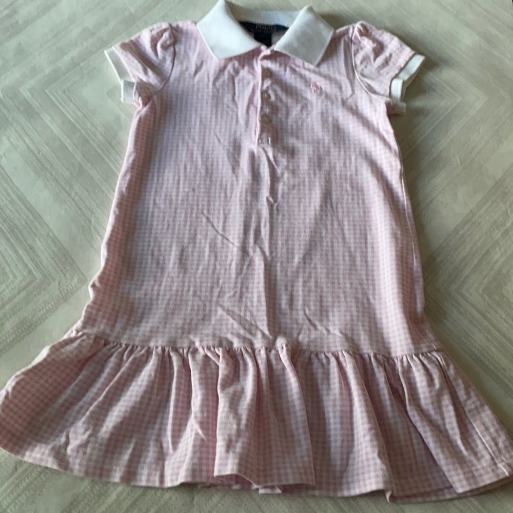 Polo Ralph Lauren White and Pink Gingham Ruffle Bottom Dress